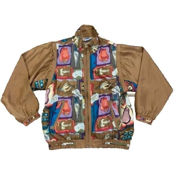 VTG EVR Silk Bomber Jacket Women Small Novelty Print Multi Windbreaker Halloween - Picture 1 of 13
